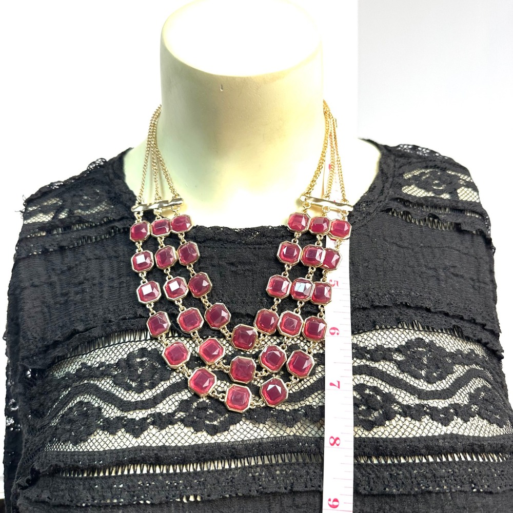 Gypsy Fuchsia Pink Gold Tone Multi Strand Tiered Statement Necklace Square Jewel - Picture 6 of 7